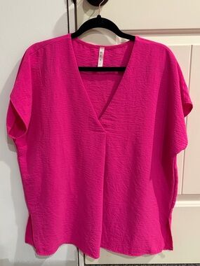 mts Hot Pink V-Neck Short Sleeve Blouse